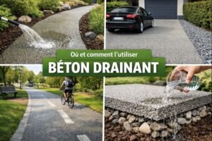 Aménagement extérieur avec béton drainant laissant l’eau s’infiltrer naturellement, utilisé pour allée, chemin et zone de circulation extérieure.