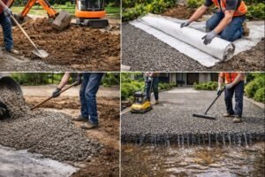 Pose de béton drainant en extérieur avec préparation du sol, géotextile et finition soignée pour une surface durable et perméable adaptée aux aménagements extérieurs.