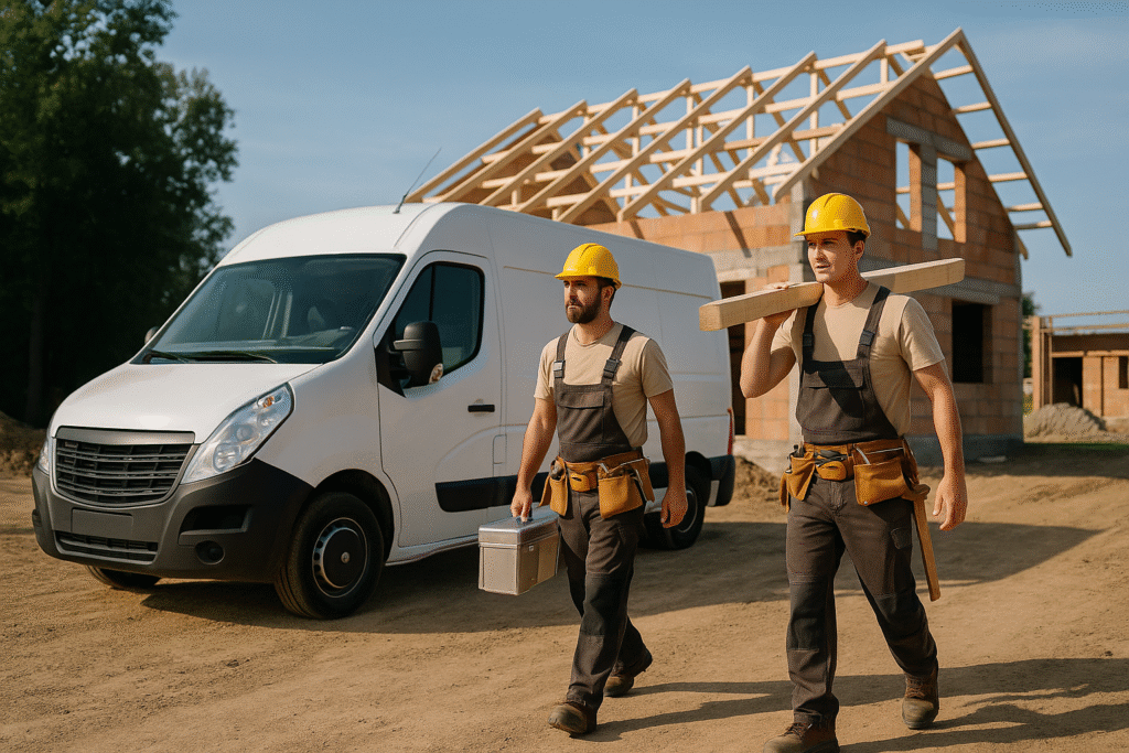 Artisans arrivant sur chantier avec camion blanc devant maison en construction, ambiance professionnelle 
