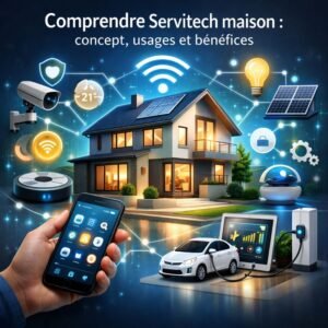 Maison moderne équipée de technologies connectées illustrant le concept Servitech maison, avec gestion intelligente de l’énergie, sécurité et confort domestique.