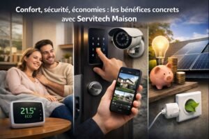 Intérieur de maison moderne et connecté illustrant le confort, la sécurité et les économies d’énergie grâce aux solutions Servitech Maison.