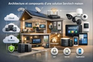 Vue en coupe d’une maison connectée montrant l’architecture et les composants d’une solution Servitech maison, incluant domotique, serveurs et IoT intégrés