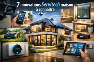 Maison moderne connectée illustrant les innovations Servitech maison, avec équipements intelligents, domotique avancée et technologies résidentielles innovantes.