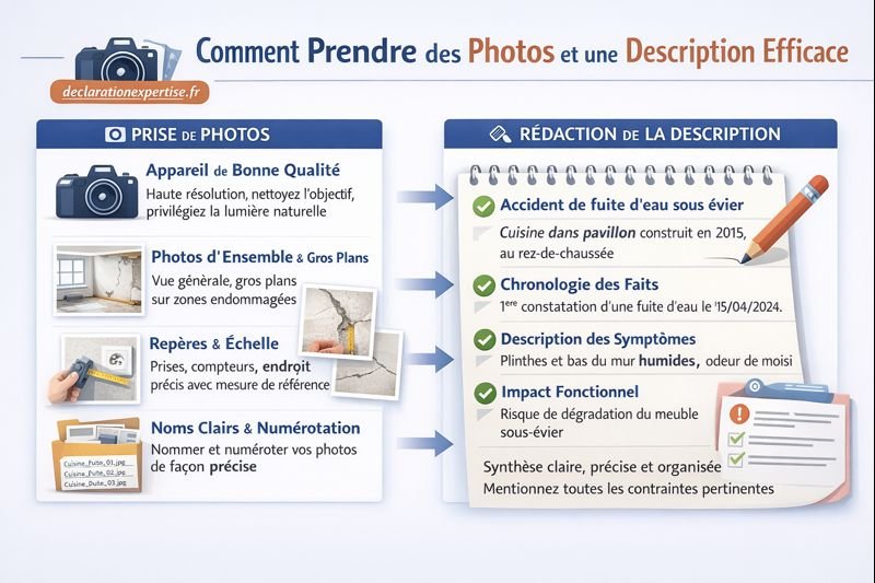 Infographie expliquant comment prendre des photos nettes et rédiger une description structurée pour une déclaration d’expertise sur declarationexpertise.fr : vues d’ensemble, gros plans, repères, chronologie des faits et description des impacts