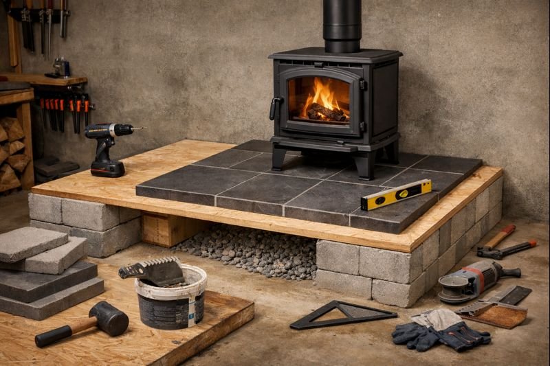 Socle pour poêle à bois en cours de fabrication, structure en parpaings avec plateau carrelé, poêle installé dans un atelier lumineux, ambiance bricolage réaliste.