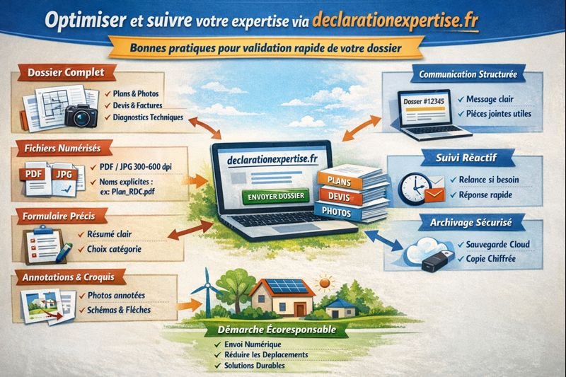 Infographie expliquant comment optimiser et suivre une expertise sur declarationexpertise.fr : dossier complet, communication structurée, suivi réactif, archivage sécurisé et démarche écoresponsable