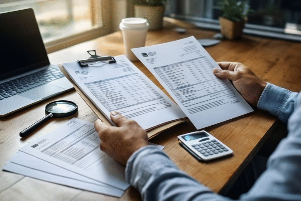 Personne comparant plusieurs devis d’artisans sur un bureau en bois avec ordinateur et lumière naturelle, ambiance professionnelle.