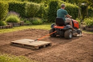 Nivelage d’un terrain derrière une tondeuse autoportée, une palette en bois solidement attachée à l’arrière permet de lisser le sol sur une surface moyenne.