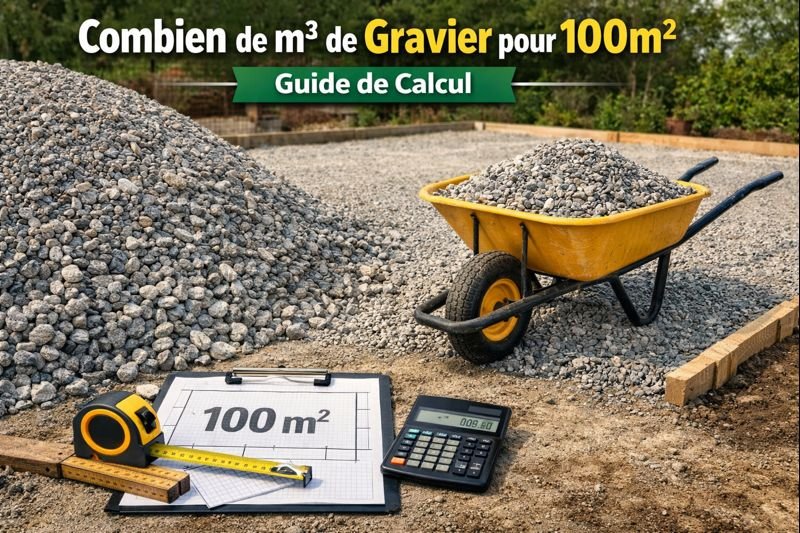 Tas de gravier et brouette sur une surface préparée avec outils de mesure, illustration du calcul du volume de gravier pour 100m².
