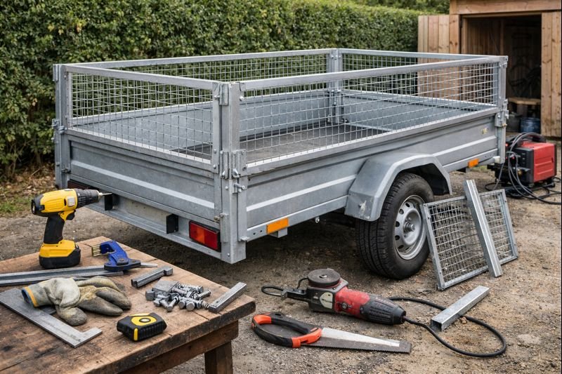Réhausse grillagée remorque en métal galvanisé installée sur une remorque utilitaire, avec outils de bricolage pour un montage solide et durable.