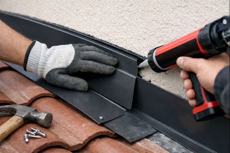 Pose d’un solin contre mur sur toiture en tuiles, avec mur en crépis clair et joint d’étanchéité propre assurant une protection durable.