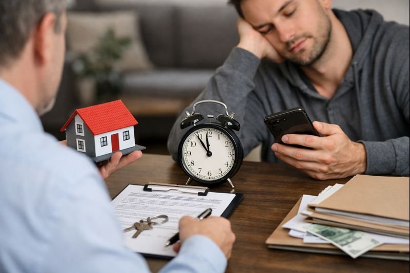 Signature de compromis de vente retardée avec documents immobiliers et horloge symbolisant qu’un acheteur fait traîner la vente