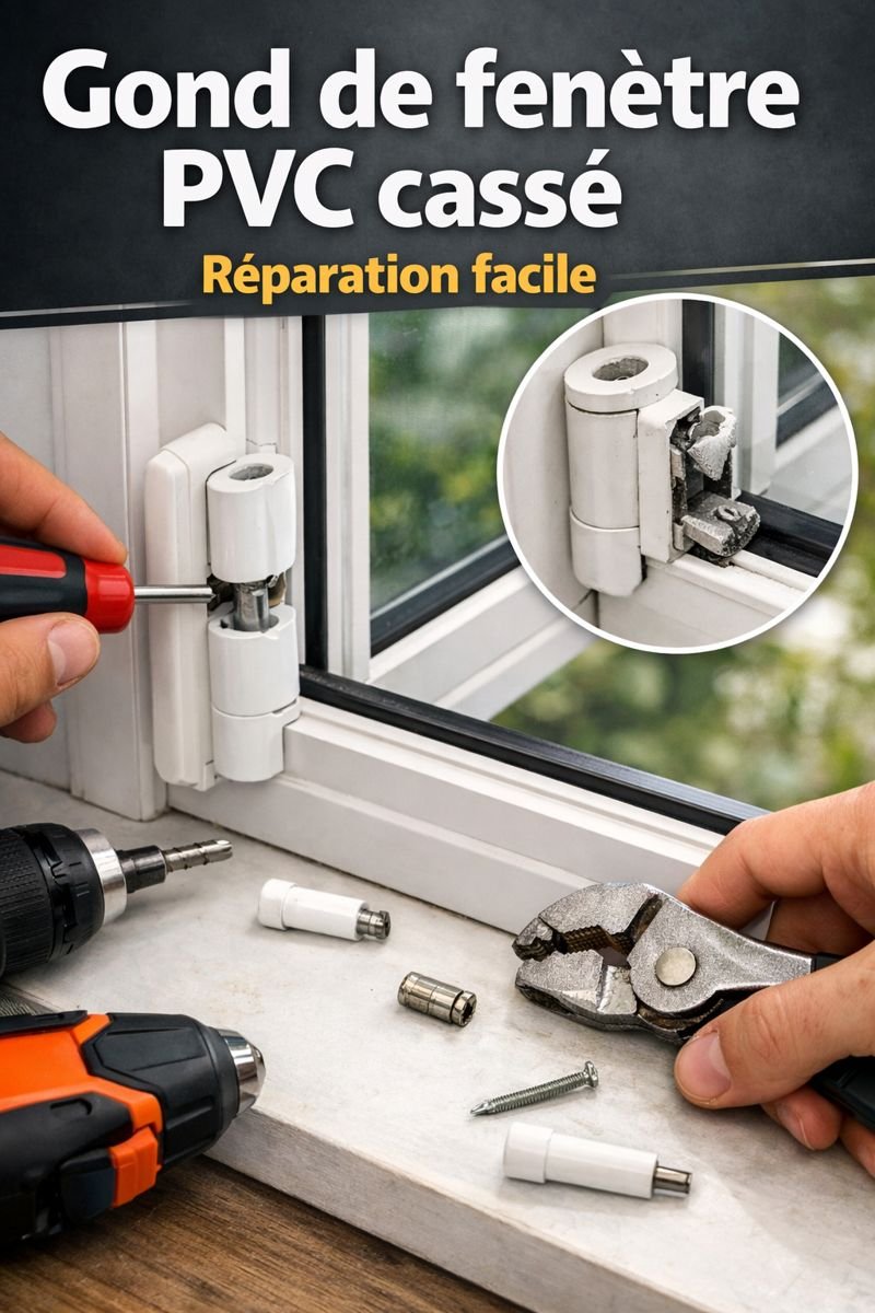 Gond de fenêtre PVC cassé en cours de réparation sur une menuiserie blanche, avec outils de bricolage et fixation remise en état efficacement.