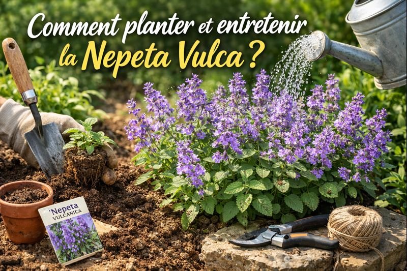 Plantation de la nepeta vulcanica au jardin avec fleurs violettes, sol bien drainé et arrosage léger pour une vivace facile à entretenir.