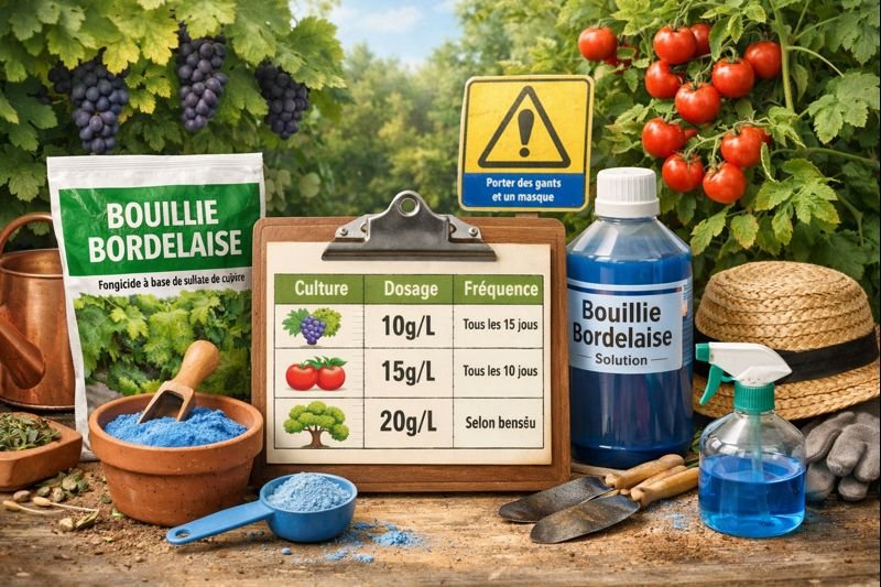 Tableau de dosage bouillie bordelaise avec indications précises selon les cultures, matériel de jardinage et précautions d’utilisation en extérieur.